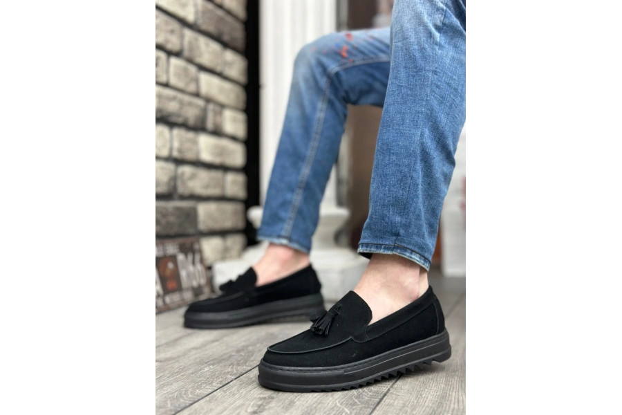 Shoecide Sb0154 Bağcıksız Yüksek Taban Süet Siyah Renk Siyah Taban Püsküllü Erkek Ayakkabı