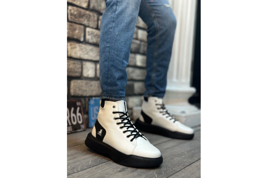 Shoecide Sb0155 Bağcıklı Erkek Yüksek Taban Beyaz Siyah Taban Spor Bot