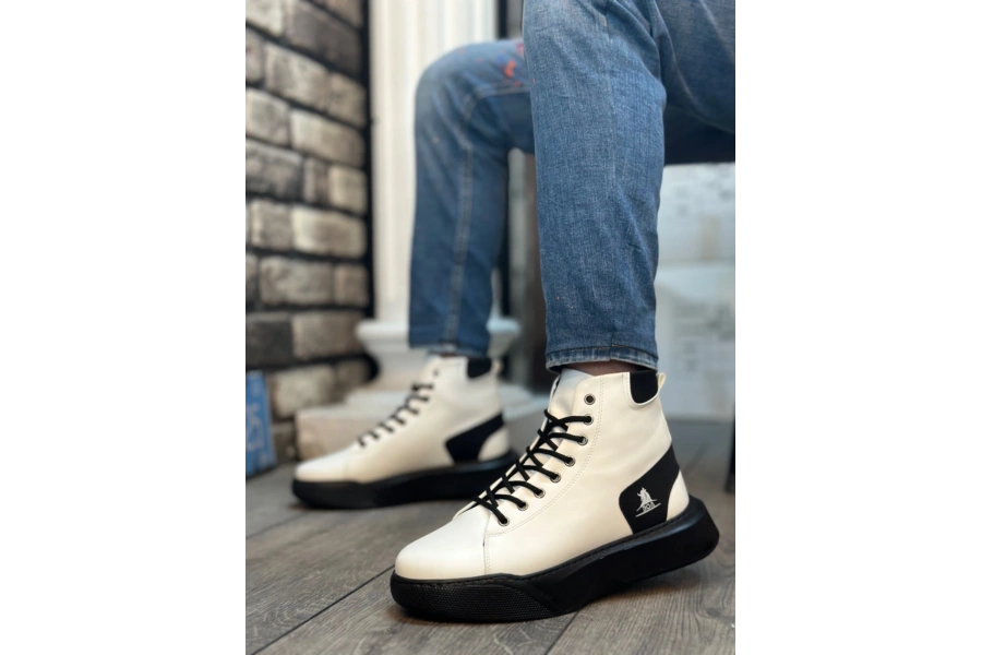 Shoecide Sb0155 Bağcıklı Erkek Yüksek Taban Beyaz Siyah Taban Spor Bot