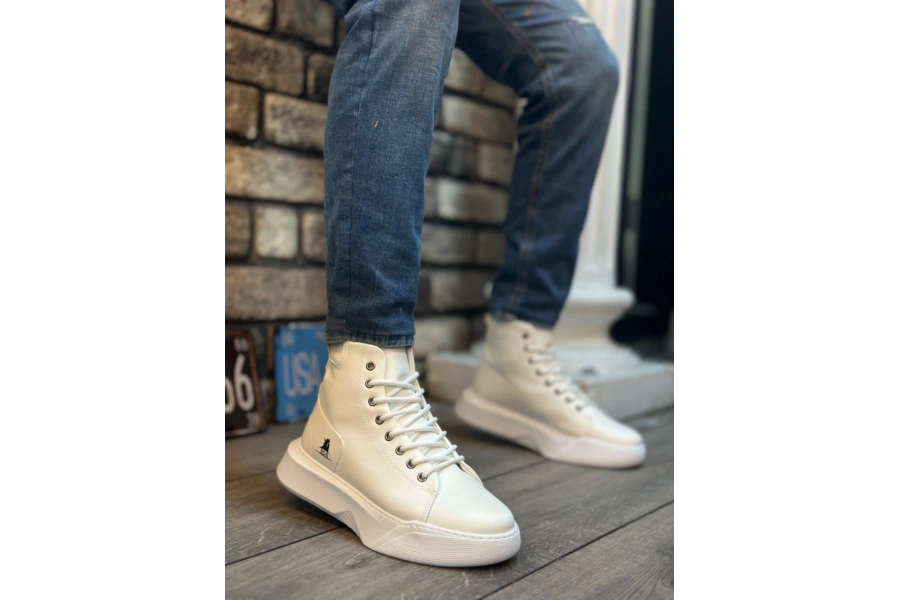 Shoecide Sb0155 Bağcıklı Erkek Yüksek Taban Beyaz Spor Bot