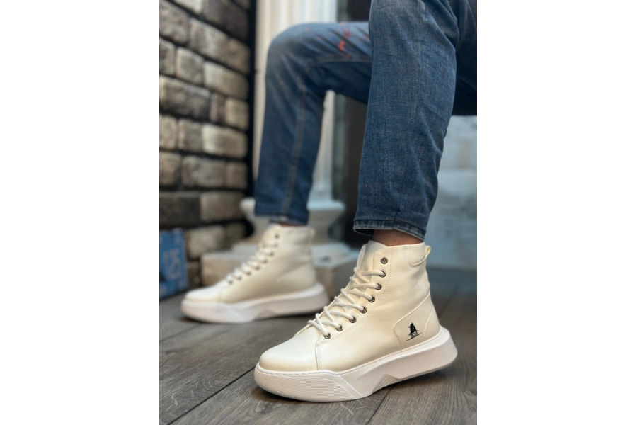 Shoecide Sb0155 Bağcıklı Erkek Yüksek Taban Beyaz Spor Bot