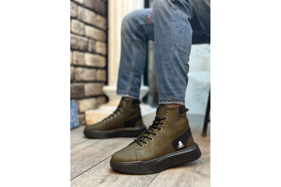 Shoecide Sb0155 Bağcıklı Erkek Yüksek Taban Haki Spor Bot