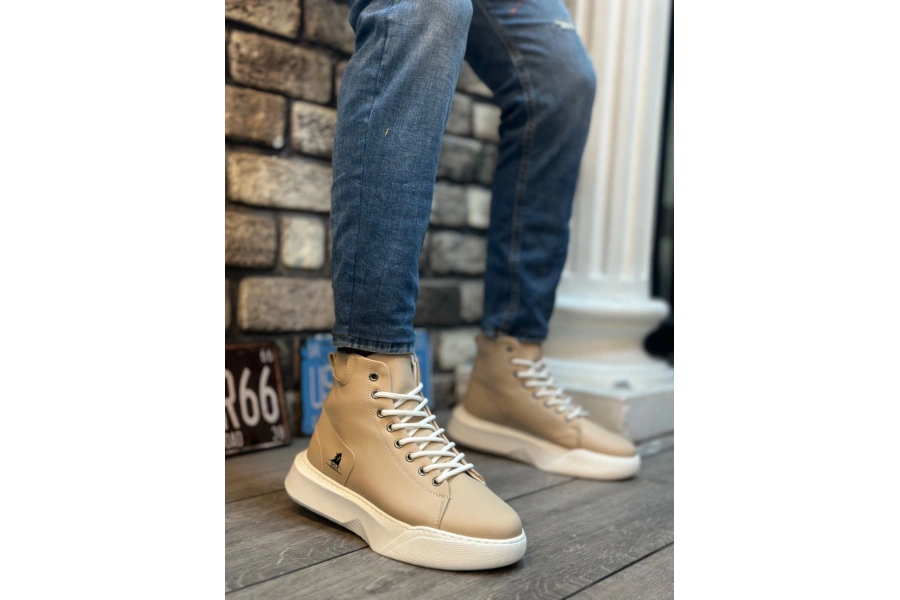 Shoecide Sb0155 Bağcıklı Erkek Yüksek Taban Krem Beyaz Taban Spor Bot