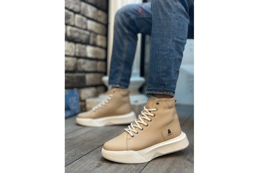 Shoecide Sb0155 Bağcıklı Erkek Yüksek Taban Krem Beyaz Taban Spor Bot