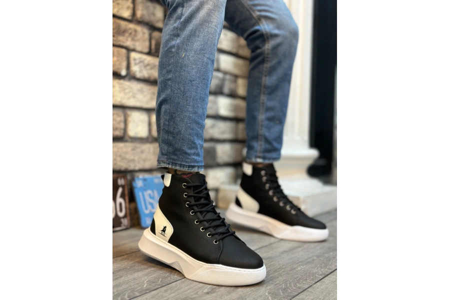 Shoecide Sb0155 Bağcıklı Erkek Yüksek Taban Siyah Beyaz Siyah Taban Spor Bot