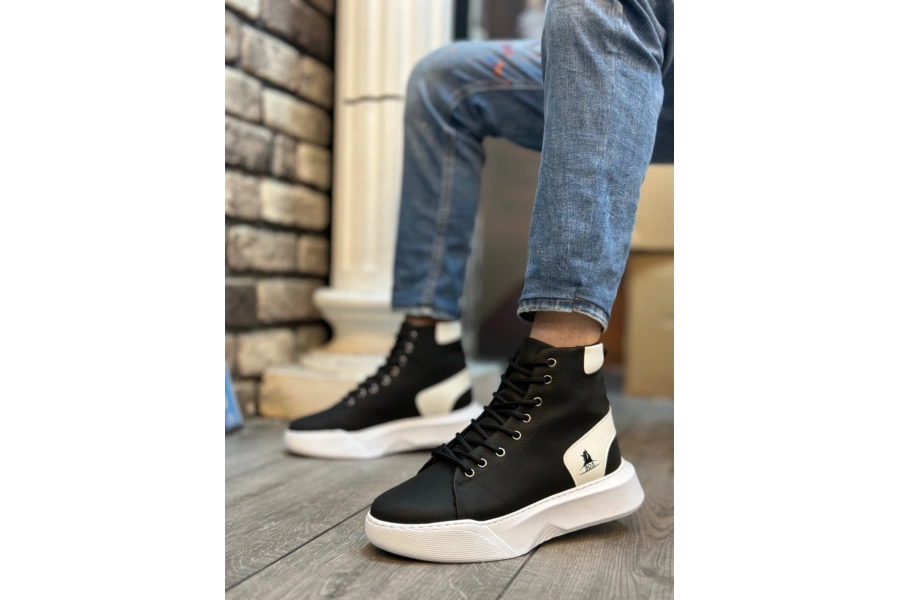 Shoecide Sb0155 Bağcıklı Erkek Yüksek Taban Siyah Beyaz Siyah Taban Spor Bot