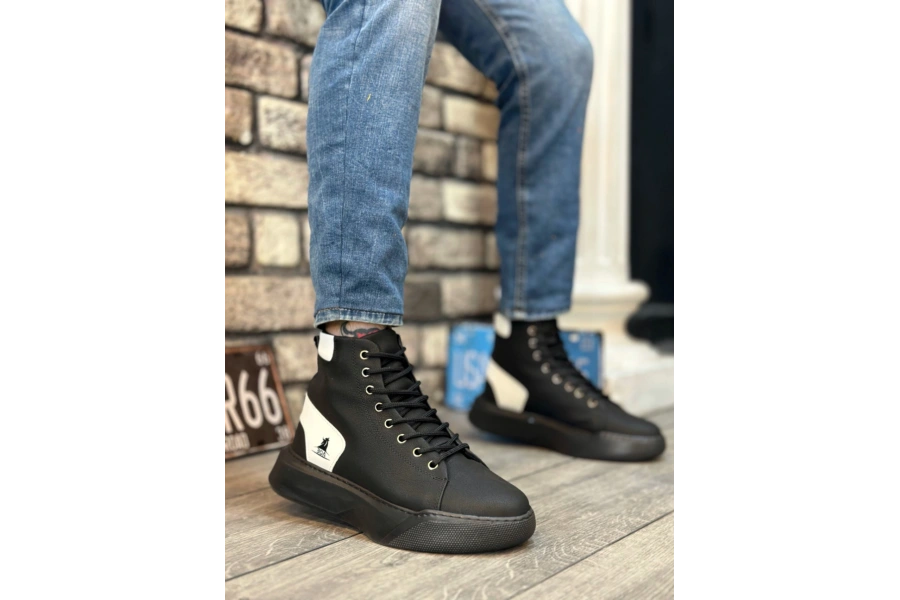 Shoecide Sb0155 Bağcıklı Erkek Yüksek Taban Siyah Beyaz Spor Bot
