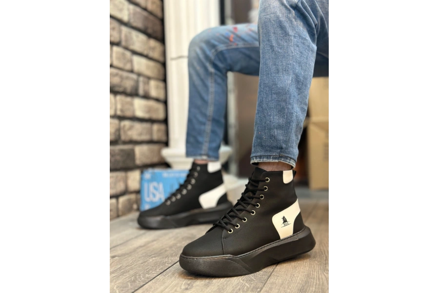 Shoecide Sb0155 Bağcıklı Erkek Yüksek Taban Siyah Beyaz Spor Bot