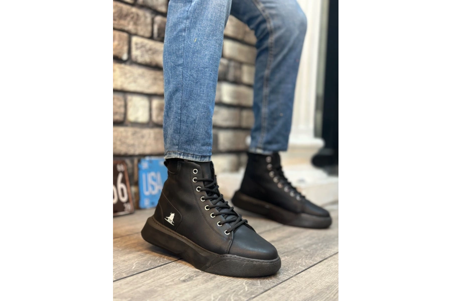 Shoecide Sb0155 Bağcıklı Erkek Yüksek Taban Siyah Spor Bot