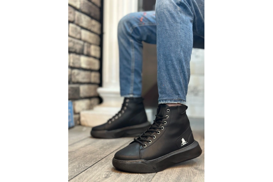 Shoecide Sb0155 Bağcıklı Erkek Yüksek Taban Siyah Spor Bot