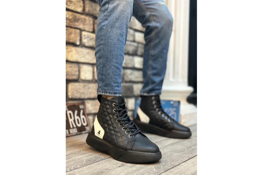 Shoecide Sb0159 Bağcıklı Erkek Yüksek Taban Siyah Beyaz Spor Bot