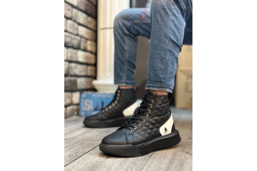 Shoecide Sb0159 Bağcıklı Erkek Yüksek Taban Siyah Beyaz Spor Bot