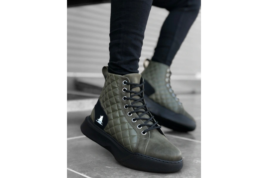 Shoecide Sb0159 Bağcıklı Haki Kapitone Erkek Yüksek Taban Spor Bot