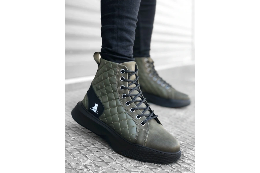 Shoecide Sb0159 Bağcıklı Haki Kapitone Erkek Yüksek Taban Spor Bot