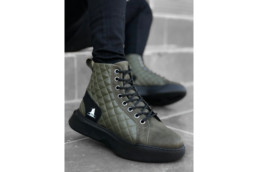 Shoecide Sb0159 Bağcıklı Haki Kapitone Erkek Yüksek Taban Spor Bot
