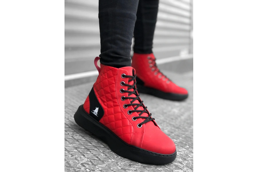 Shoecide Sb0159 Bağcıklı Kırmızı Kapitone Erkek Yüksek Taban Spor Bot