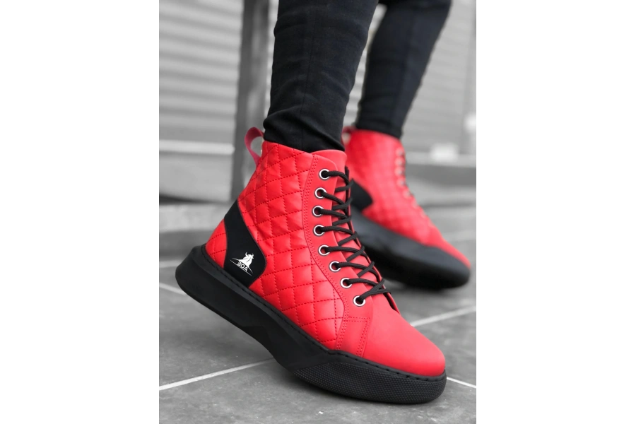 Shoecide Sb0159 Bağcıklı Kırmızı Kapitone Erkek Yüksek Taban Spor Bot