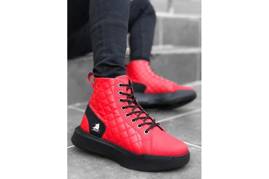 Shoecide Sb0159 Bağcıklı Kırmızı Kapitone Erkek Yüksek Taban Spor Bot