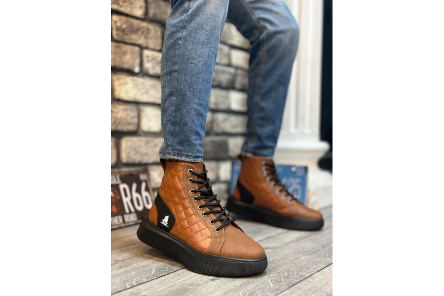 Shoecide Sb0159 Bağcıklı Koyu Taba Kapitone Erkek Yüksek Taban Spor Bot