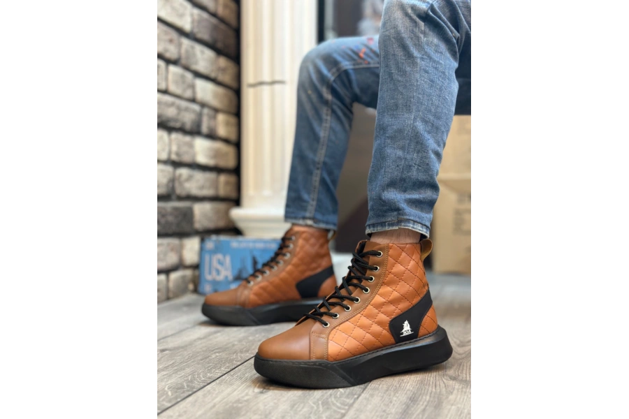 Shoecide Sb0159 Bağcıklı Koyu Taba Kapitone Erkek Yüksek Taban Spor Bot