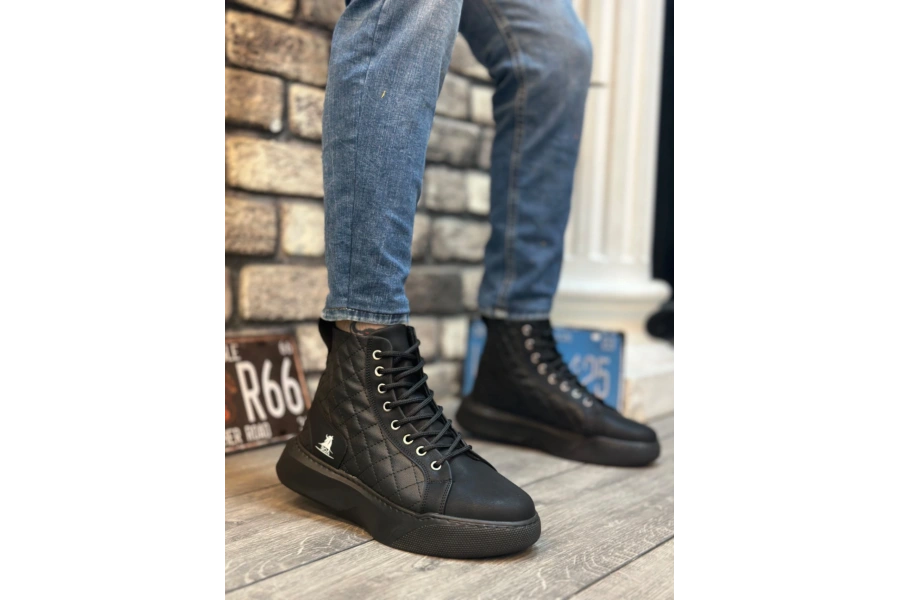 Shoecide Sb0159 Bağcıklı Siyah Kapitone Erkek Yüksek Taban Spor Bot