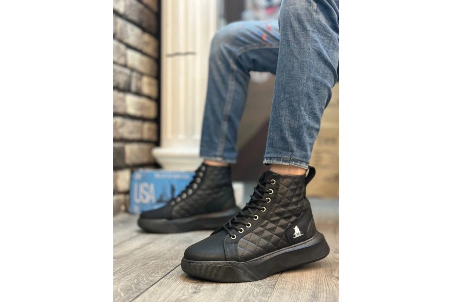 Shoecide Sb0159 Bağcıklı Siyah Kapitone Erkek Yüksek Taban Spor Bot