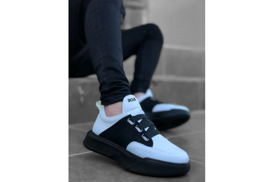 Shoecide Sb0160 Bantlı Erkek Yüksek Taban Beyaz Siyah Spor Ayakkabı