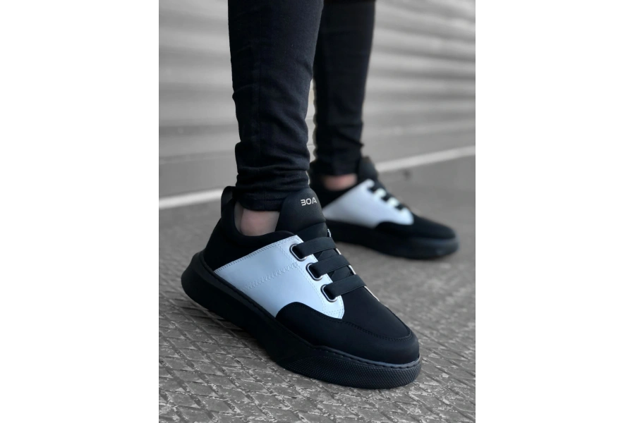 Shoecide Sb0160 Bantlı Erkek Yüksek Taban Siyah Beyaz Siyah Taban Spor Ayakkabı