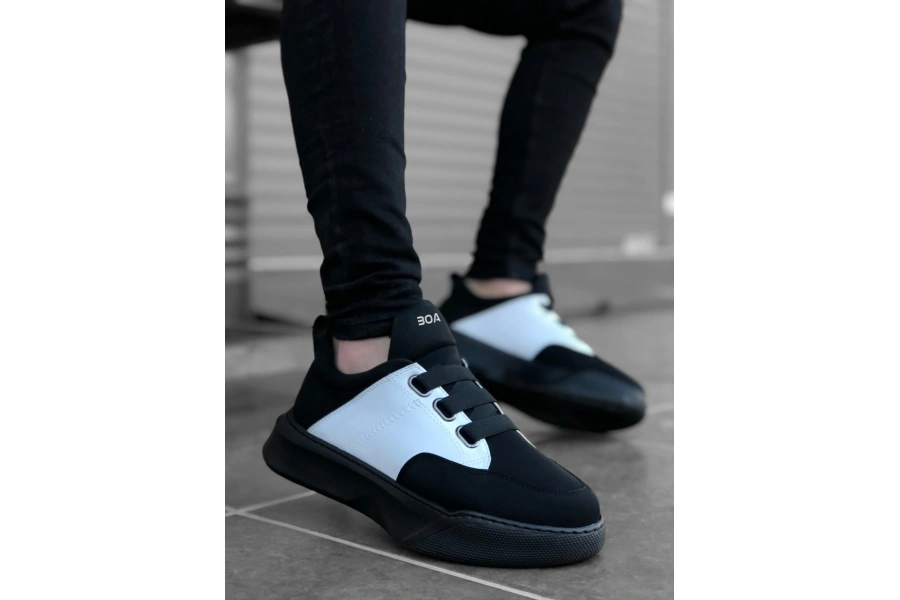 Shoecide Sb0160 Bantlı Erkek Yüksek Taban Siyah Beyaz Siyah Taban Spor Ayakkabı