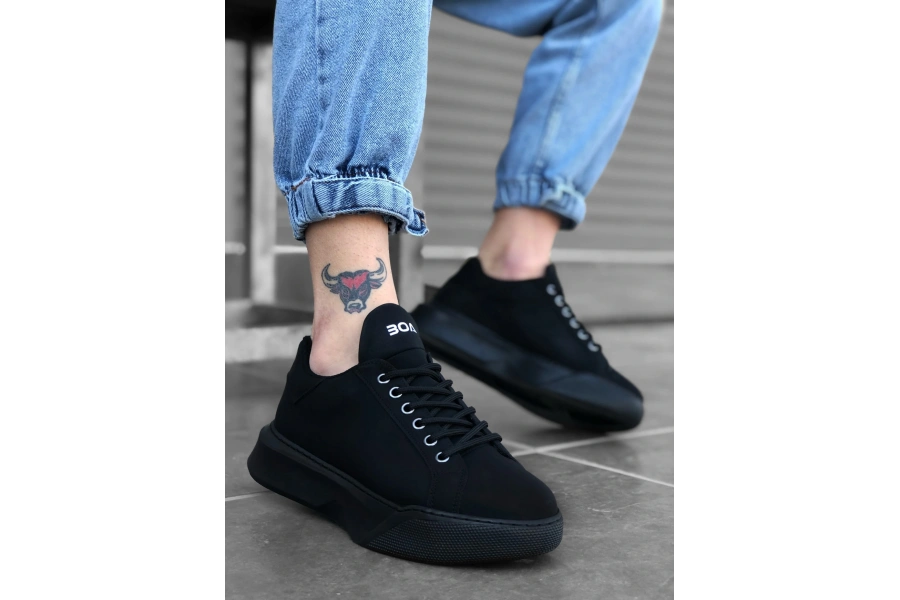 Shoecide Sb0161 Bağcıklı Erkek Yüksek Taban Siyah Spor Ayakkabı