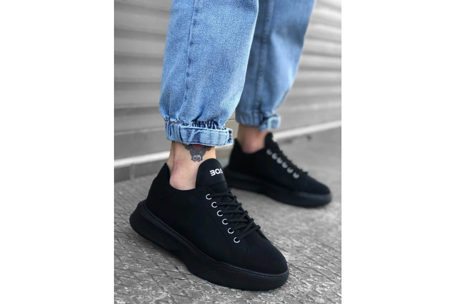 Shoecide Sb0161 Bağcıklı Erkek Yüksek Taban Siyah Spor Ayakkabı