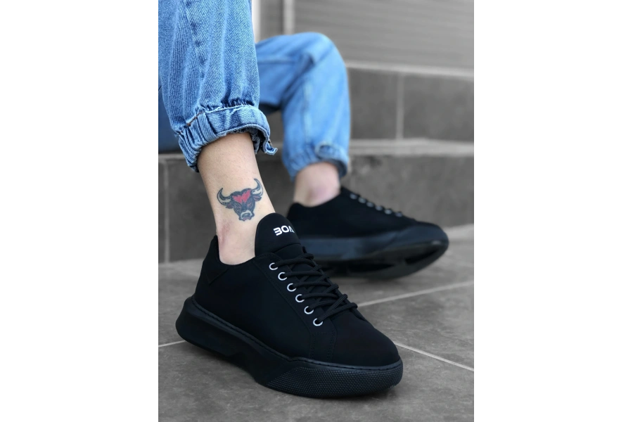 Shoecide Sb0161 Bağcıklı Erkek Yüksek Taban Siyah Spor Ayakkabı