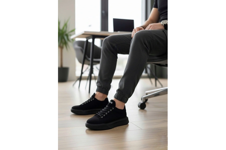 Shoecide Sb0161 Bağcıklı Erkek Yüksek Taban Siyah Spor Ayakkabı