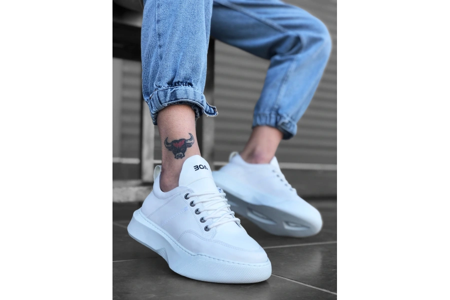 Shoecide Sb0163 Bağcıklı Erkek Yüksek Taban Beyaz Spor Ayakkabı