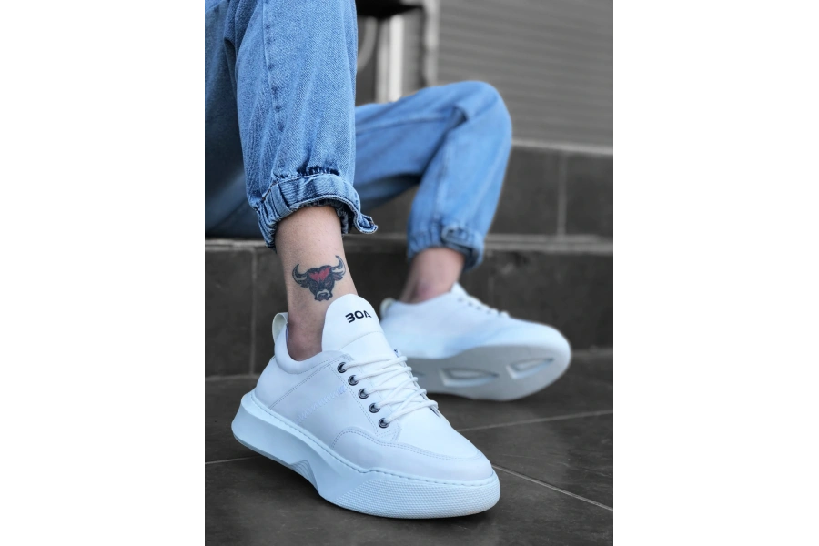 Shoecide Sb0163 Bağcıklı Erkek Yüksek Taban Beyaz Spor Ayakkabı