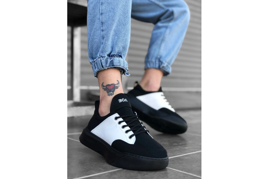 Shoecide Sb0163 Bağcıklı Erkek Yüksek Taban Siyah Beyaz Spor Ayakkabı
