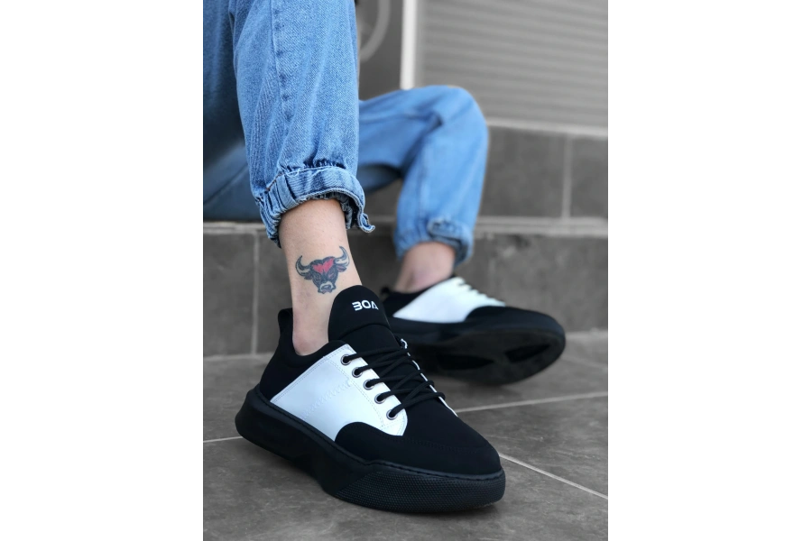 Shoecide Sb0163 Bağcıklı Erkek Yüksek Taban Siyah Beyaz Spor Ayakkabı