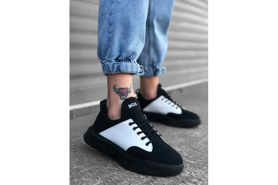 Shoecide Sb0163 Bağcıklı Erkek Yüksek Taban Siyah Beyaz Spor Ayakkabı