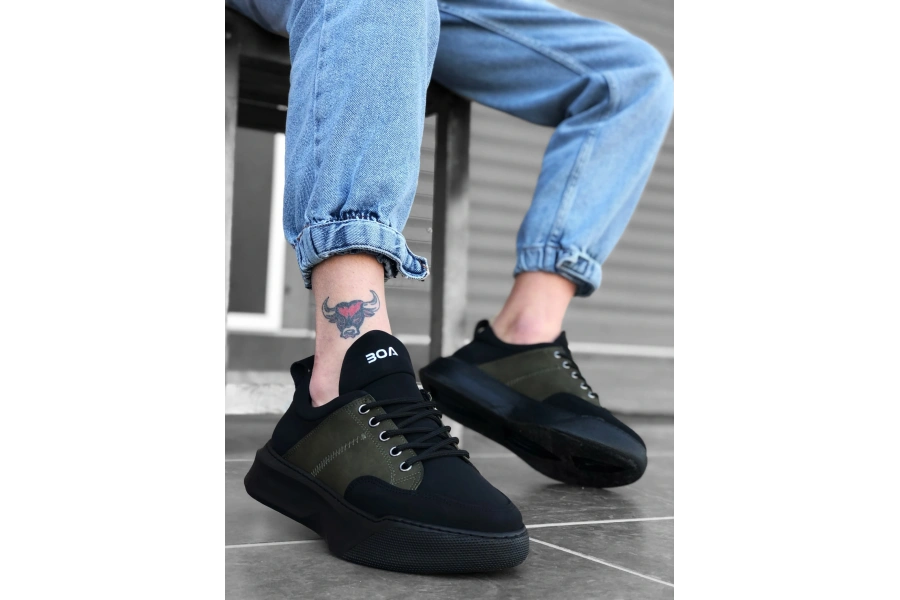 Shoecide Sb0163 Bağcıklı Erkek Yüksek Taban Siyah Haki Spor Ayakkabı