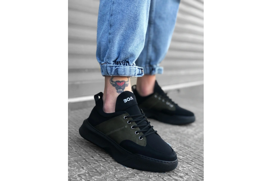 Shoecide Sb0163 Bağcıklı Erkek Yüksek Taban Siyah Haki Spor Ayakkabı