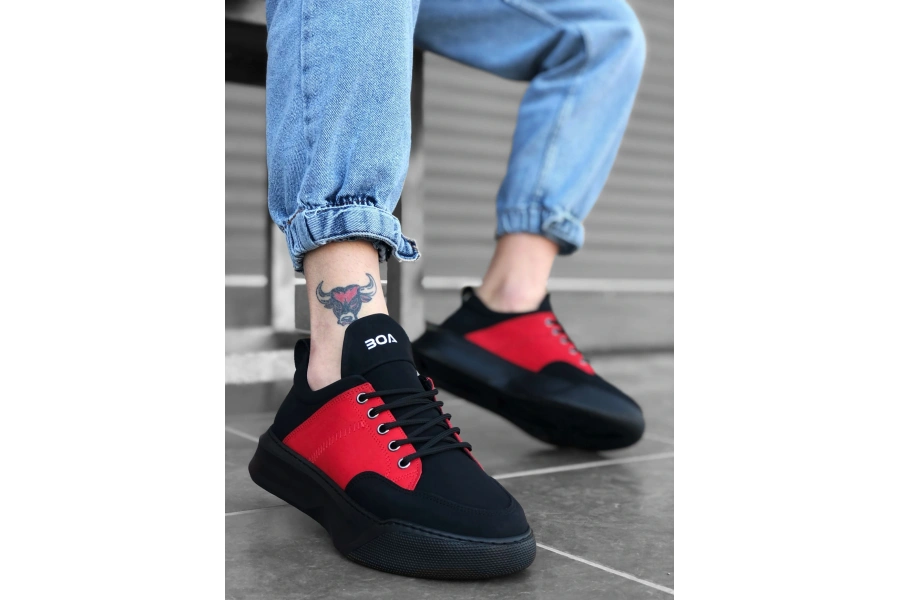 Shoecide Sb0163 Bağcıklı Erkek Yüksek Taban Siyah Kırmızı Spor Ayakkabı