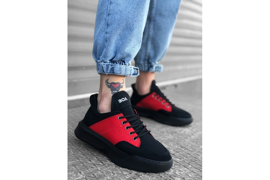 Shoecide Sb0163 Bağcıklı Erkek Yüksek Taban Siyah Kırmızı Spor Ayakkabı