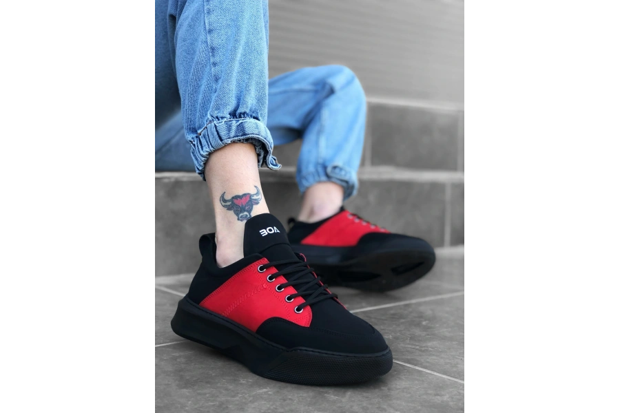 Shoecide Sb0163 Bağcıklı Erkek Yüksek Taban Siyah Kırmızı Spor Ayakkabı