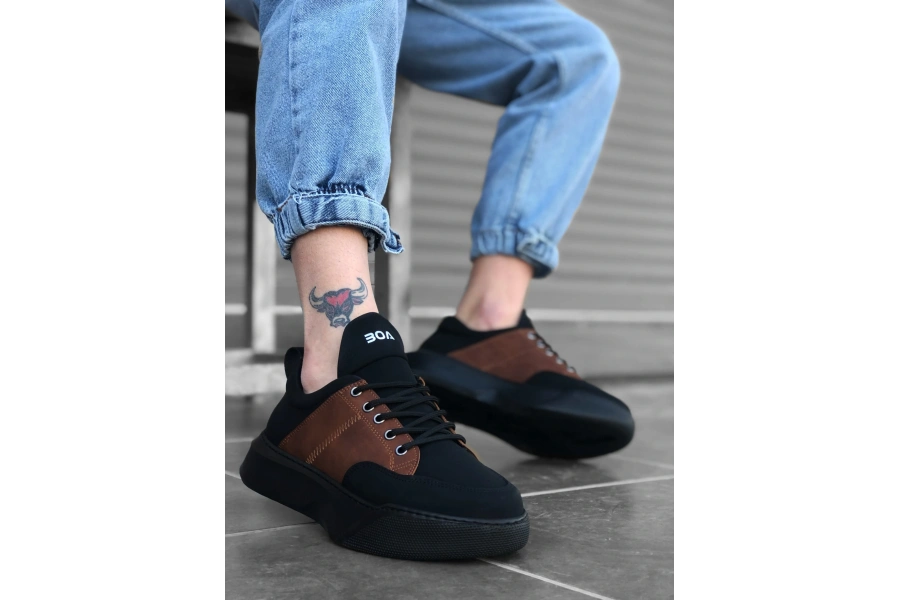 Shoecide Sb0163 Bağcıklı Erkek Yüksek Taban Siyah Taba Spor Ayakkabı