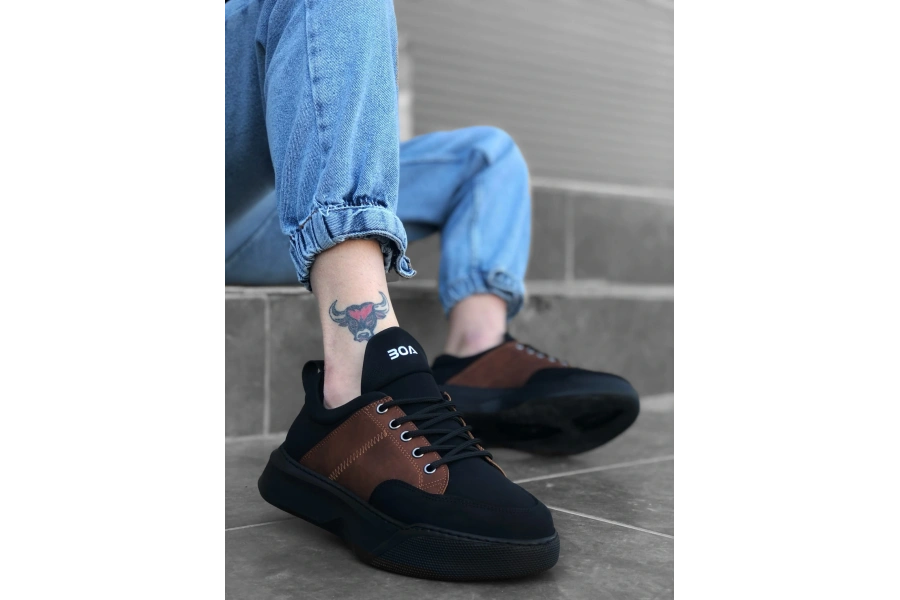 Shoecide Sb0163 Bağcıklı Erkek Yüksek Taban Siyah Taba Spor Ayakkabı