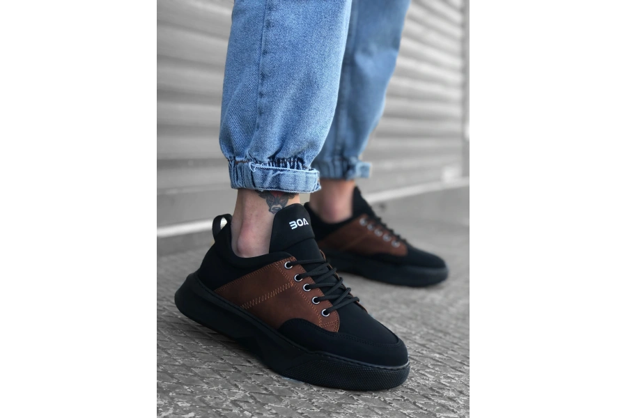 Shoecide Sb0163 Bağcıklı Erkek Yüksek Taban Siyah Taba Spor Ayakkabı
