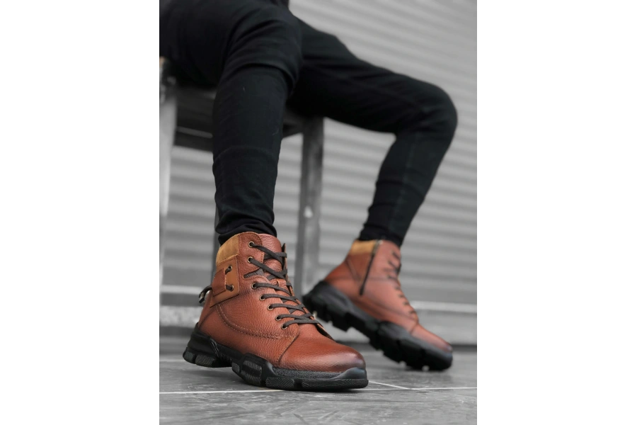 Shoecide Sb0184 İçi Dışı Hakiki Deri Taba Erkek Fermuarlı Yarım Bot