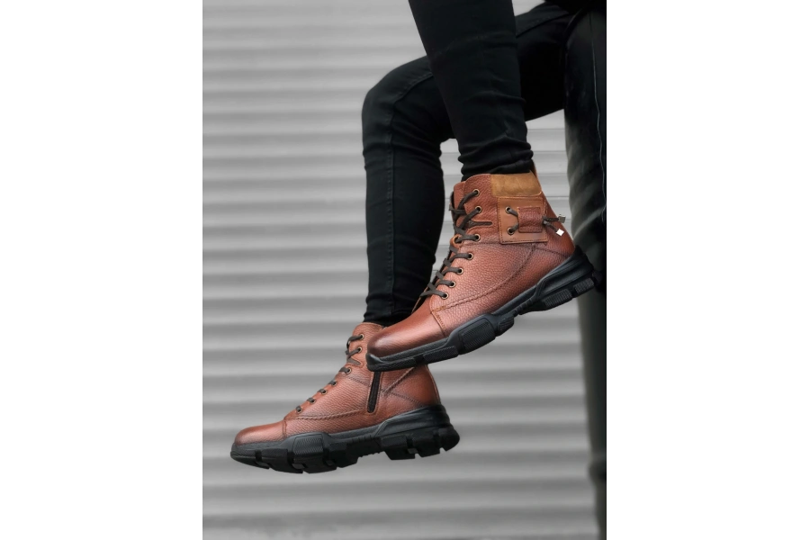 Shoecide Sb0184 İçi Dışı Hakiki Deri Taba Erkek Fermuarlı Yarım Bot