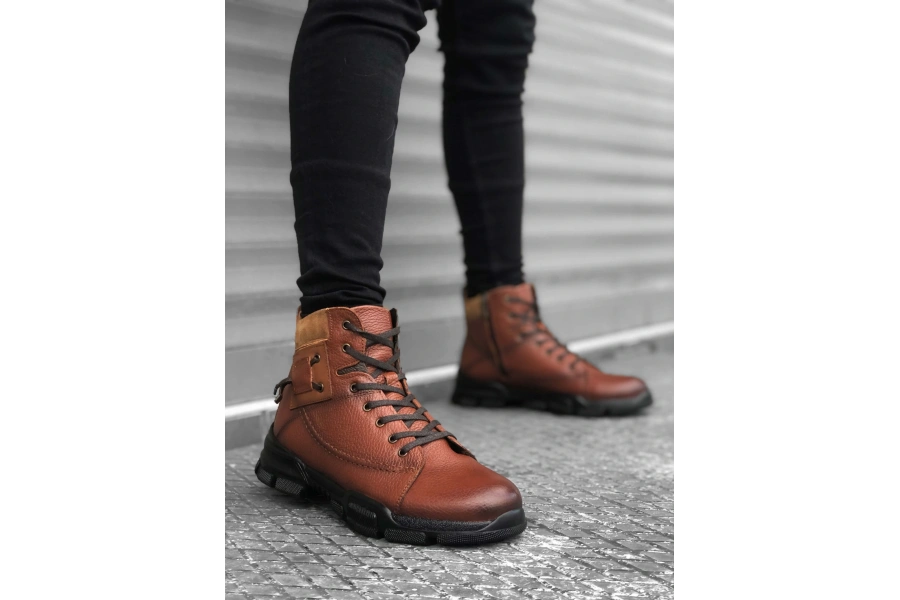 Shoecide Sb0184 İçi Dışı Hakiki Deri Taba Erkek Fermuarlı Yarım Bot