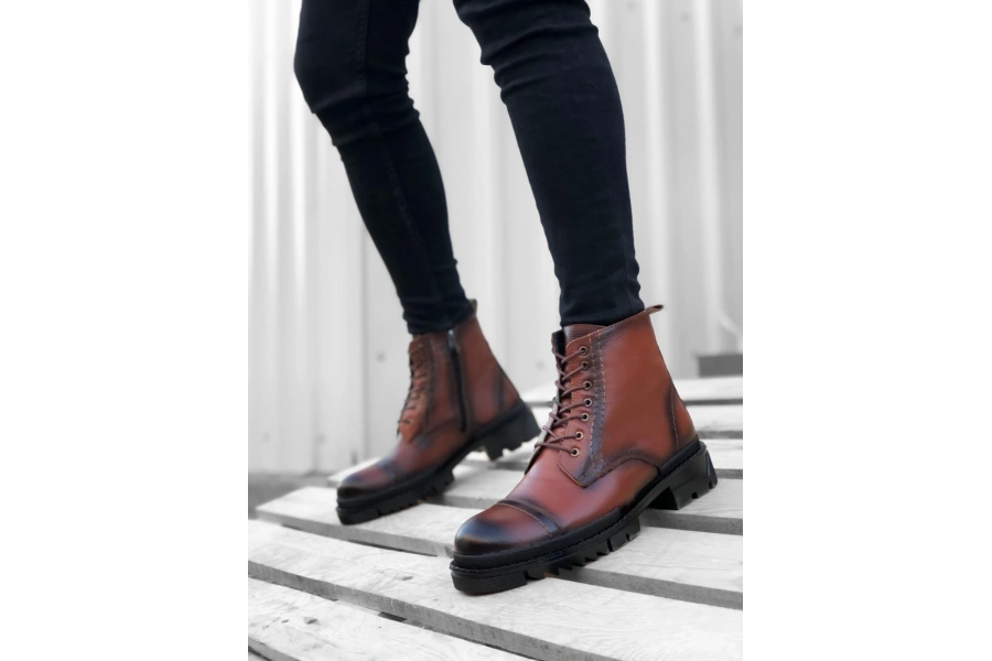 Shoecide Sb0187 İçi Dışı Hakiki Deri Taba Erkek Fermuarlı Yarım Bot